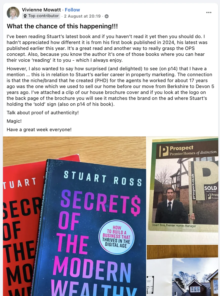 Facebook post from Vivienne Mowatt: she found herself mentioned on page 14, because the estate agency brand Stuart created 17 years ago was the one that sold her house