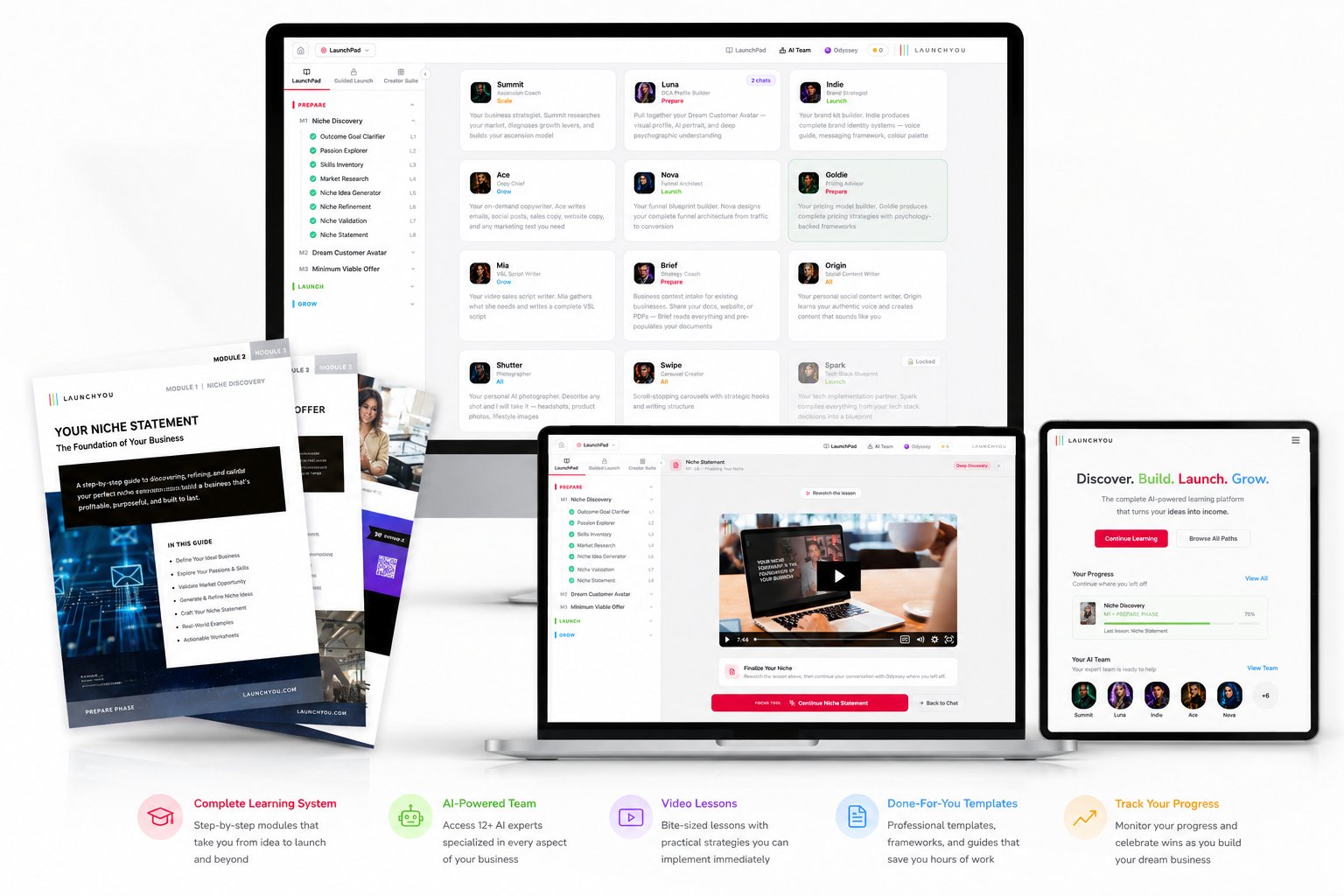The LaunchPad platform across laptop, desktop, mobile and tablet: AI Team, learning modules, video lessons, study guides and progress tracking