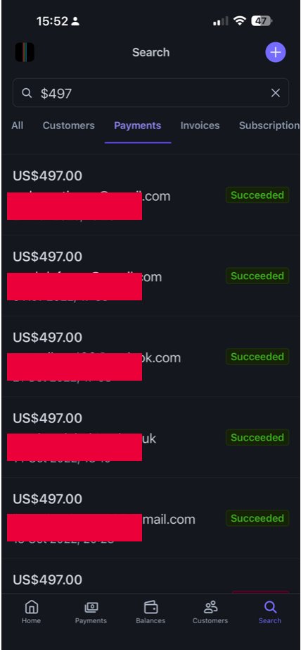 Real US$497.00 payments marked Succeeded in our payment processor